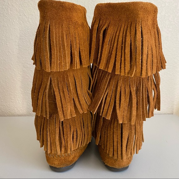 Minnetonka 3 Layer Fringe Brown Suede Boots boho - Picture 9 of 12